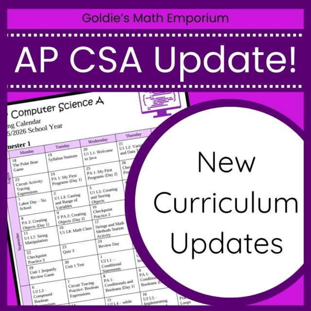 Exciting update for AP Computer Science A teachers!

Unit 1 of my brand-new AP CSA curriculum is officially finished! Unit 2 and Unit 3 are done, but I’m currently wrapping up the videos for them. Unit 4 is already halfway done and moving along!

Starting in May, I’ll begin rolling out parts of the new curriculum (including everything in Unit 1, the syllabus, pacing guide, and more) so you can start planning for the new school year. The full curriculum will be ready this summer!

Thank you all so much for following along and supporting my work, it truly means a lot. I can’t wait to share everything with you soon!

If you have any questions, just let me know in the comments or send me a DM ☺️ I'm always here to help!