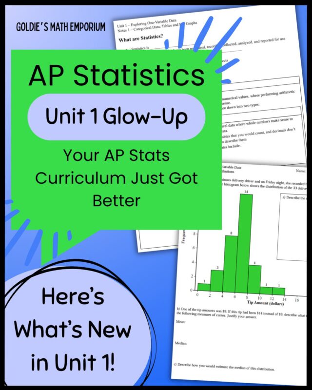 ✨BIG update to Unit 1 of my AP Stats curriculum!✨

IT'S HERE!! My Unit 1 "glow-up" is complete. I’ve totally revamped the pacing, split up the notes into bite-sized lessons, added new homework, a Jeopardy-style review game, and re-recorded all the videos to match.

Best part? If you already own the curriculum, it’s all FREE for you! 🥳

My latest blog post has a detailed breakdown of all the changes plus how to get the new resources! I will put the link below 💛

https://goldiesmathemporium.com/new-ap-stats-unit1/

#apstats #teachersofinstagram #iteachmath #highschoolmath #apstatisticsteacher #mathcurriculum